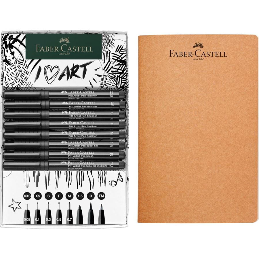 Faber-Castell - Estuche Pitt Artist Pen y Sketchbook, set de 9 piezas