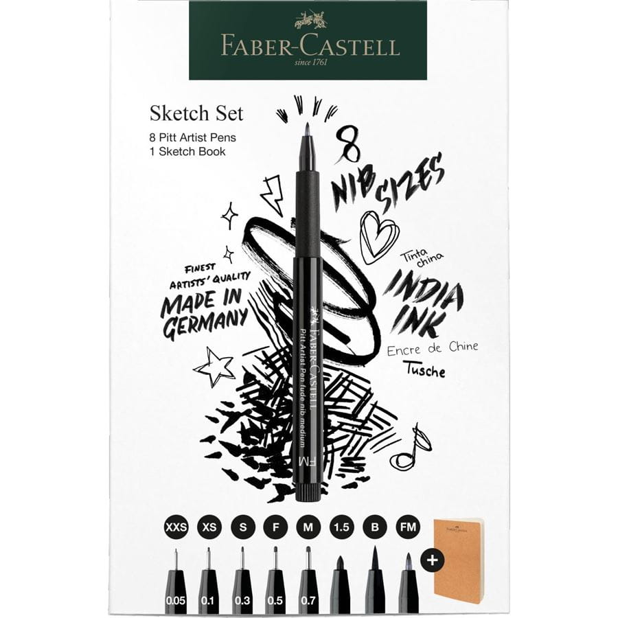 Faber-Castell - Estuche Pitt Artist Pen y Sketchbook, set de 9 piezas