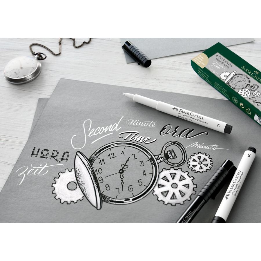 Faber-Castell - Estuche con 4 rotuladores Pitt Artist Pen, blanco y negro