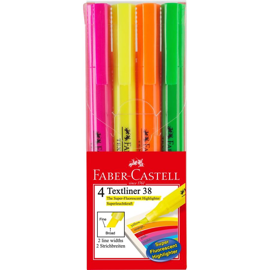 Faber-Castell - Marcador Textliner 38, colores surtidos, estuche, 4 piezas