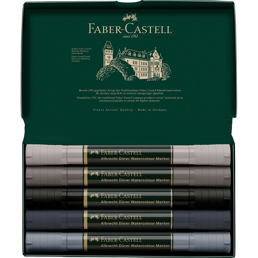 Faber-Castell - Estuche con 5 marcadores acuarelables A.Dürer, grises
