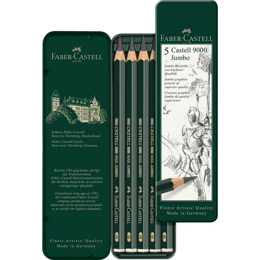 Faber-Castell - Estuche de metal con 5 lápices Castell 9000 Jumbo