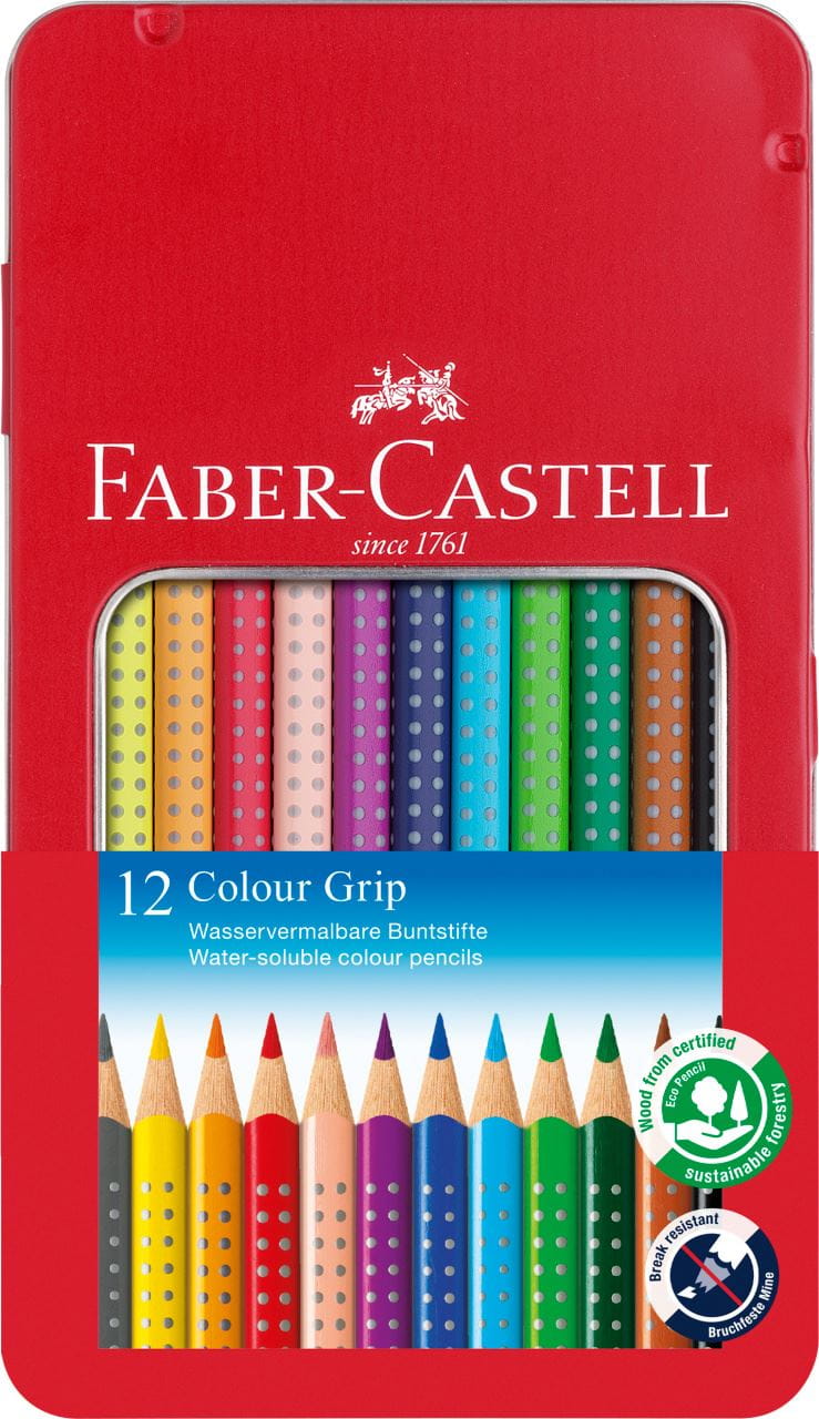 lápices escolares multicolor Estuche de metal con 24 ecolápices triangulares de colores Grip Faber Castell 112423 acuarelables 