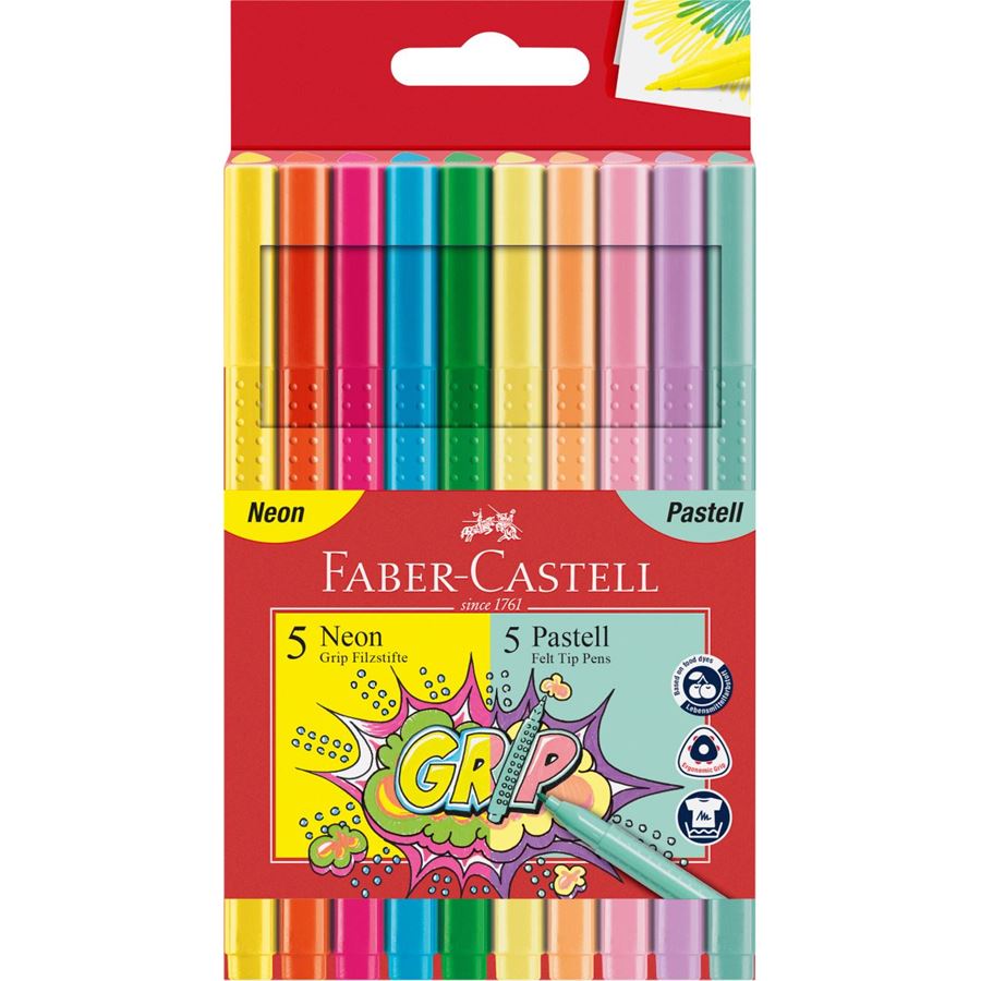 Faber-Castell - Estuche de carton con 10 rotuladores Grip neón + pastel