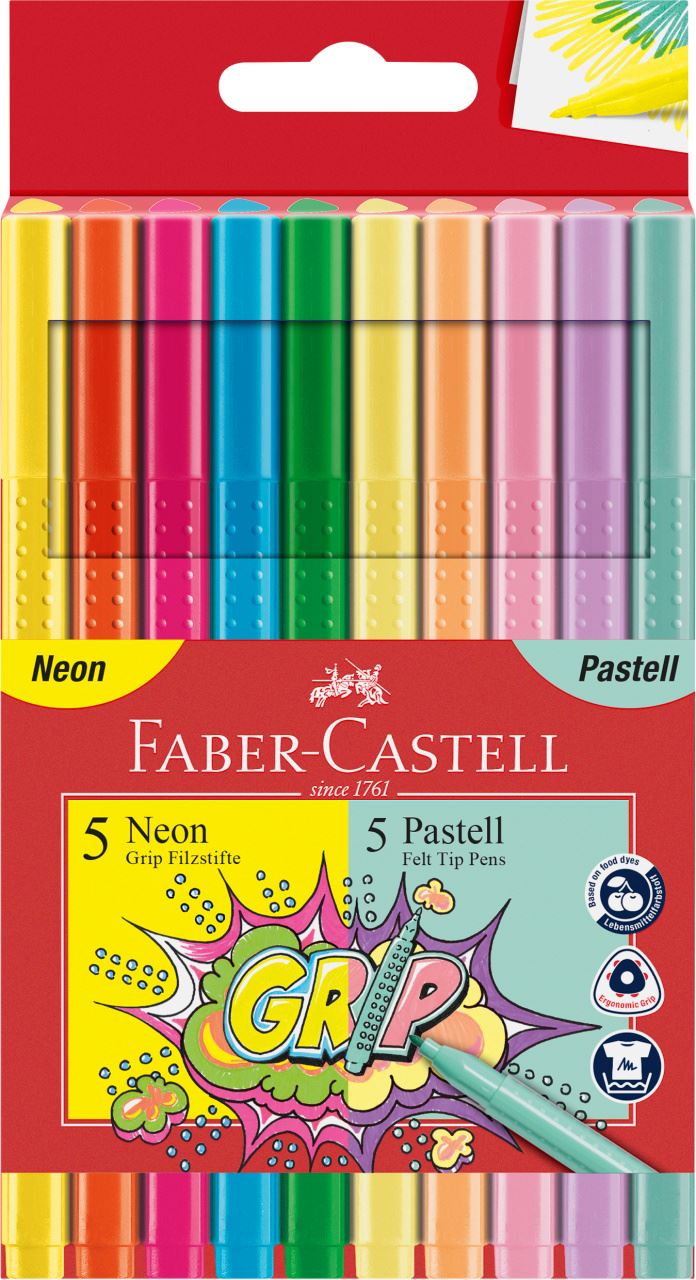 Faber-Castell - Estuche de carton con 10 rotuladores Grip neón + pastel