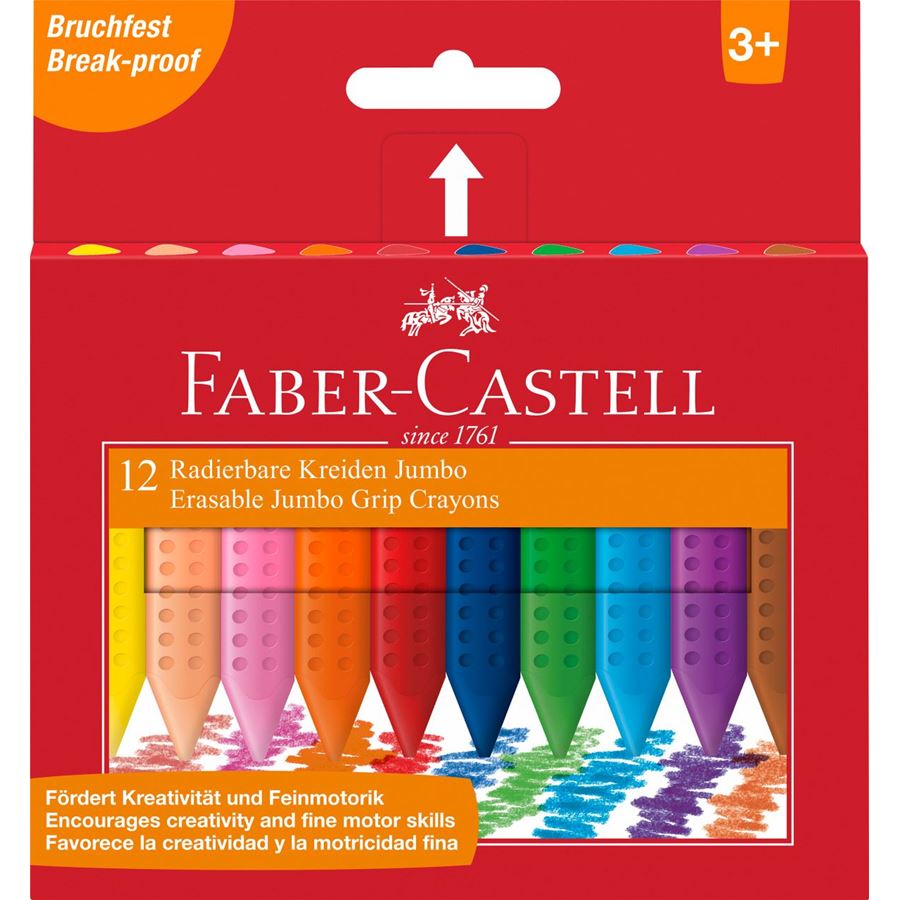 Faber-Castell - Cera borrable triangular Jumbo Grip, estuche cartón, 12 pzs