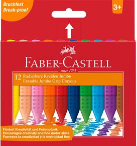 Faber-Castell - Cera borrable triangular Jumbo Grip, estuche cartón, 12 pzs