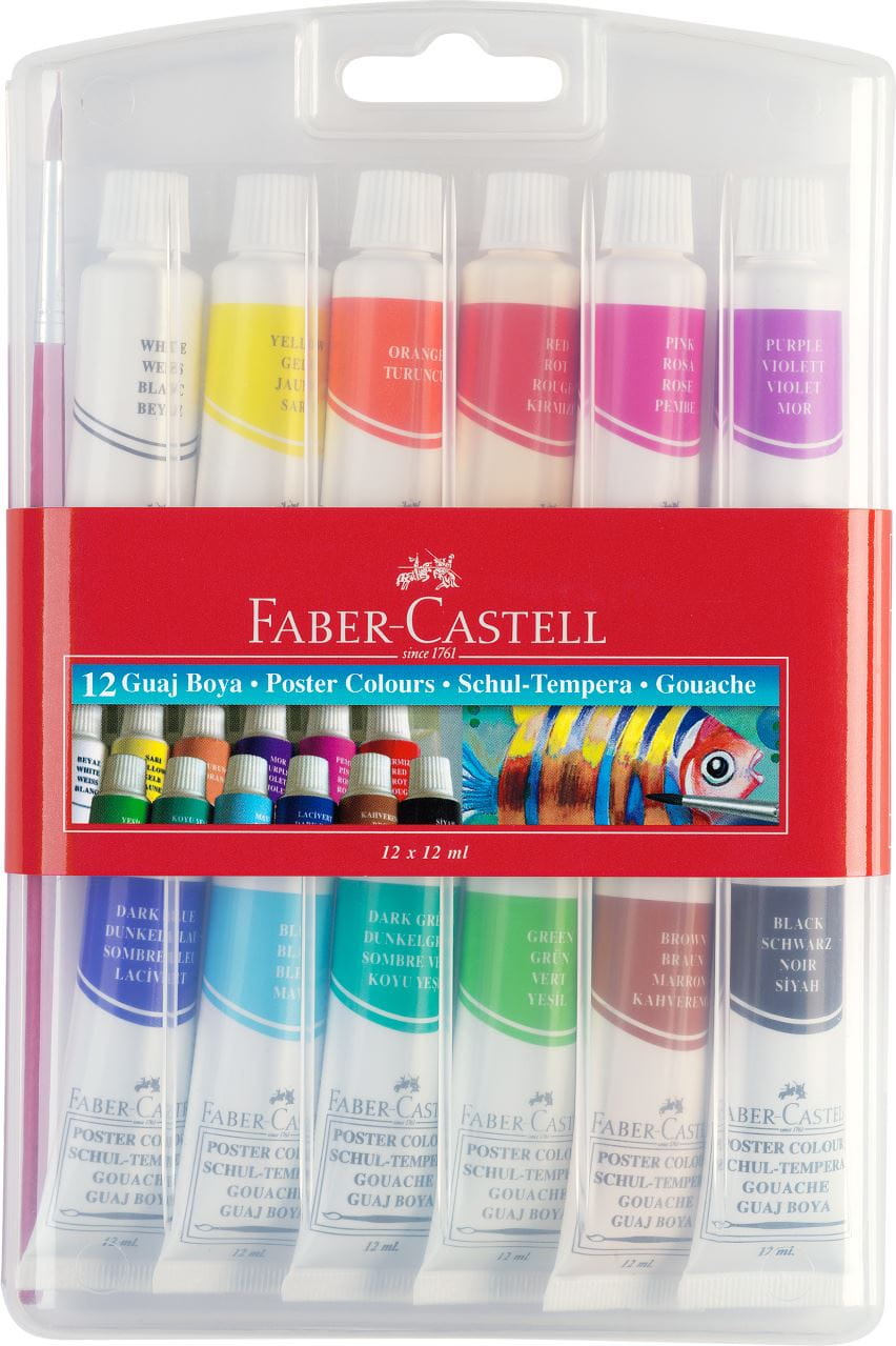 Faber-Castell - Témperas, tubos de pintura, estuche de plástico, 12 piezas