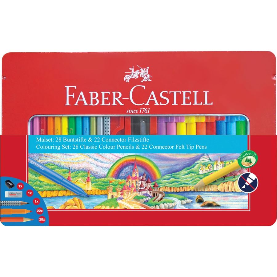 Faber-Castell - Rotulador y Lápiz Connector, estuche de metal, 53 piezas