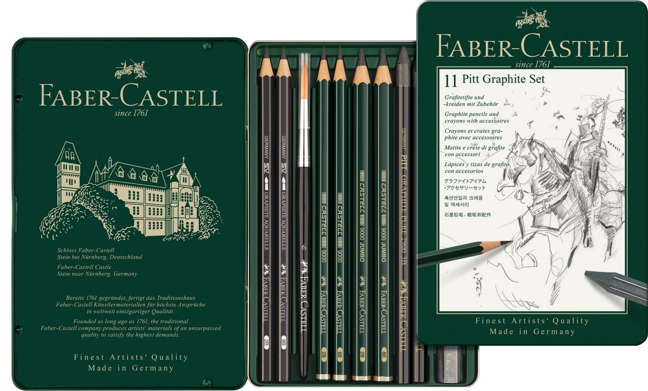 Faber-Castell - Estuche de metal con 11 piezas Pitt Grafito