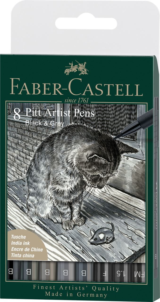 Faber-Castell - Estuche con 8 rotuladores Pitt Artist Pen, negro y gris