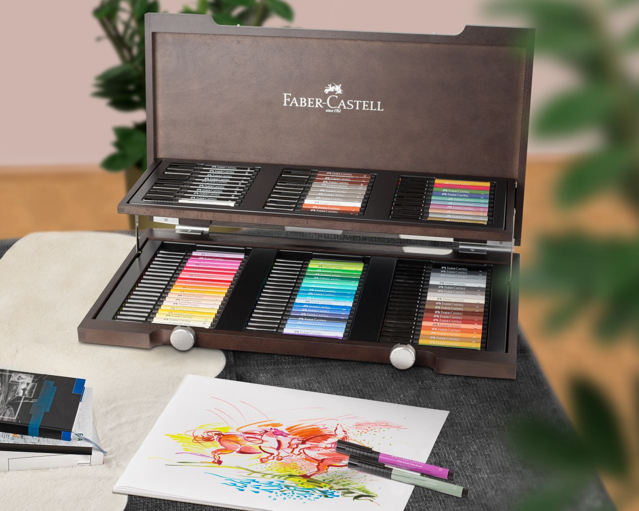 Faber-Castell - Estuche de madera con 90 rotuladores Pitt Artist Pen
