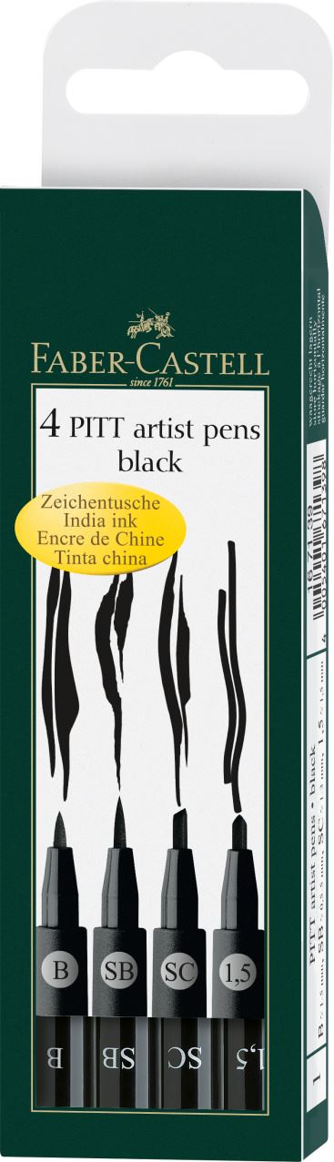 Faber-Castell - Estuche con 4 rotuladores Pitt Artist Pen, color 199 negro