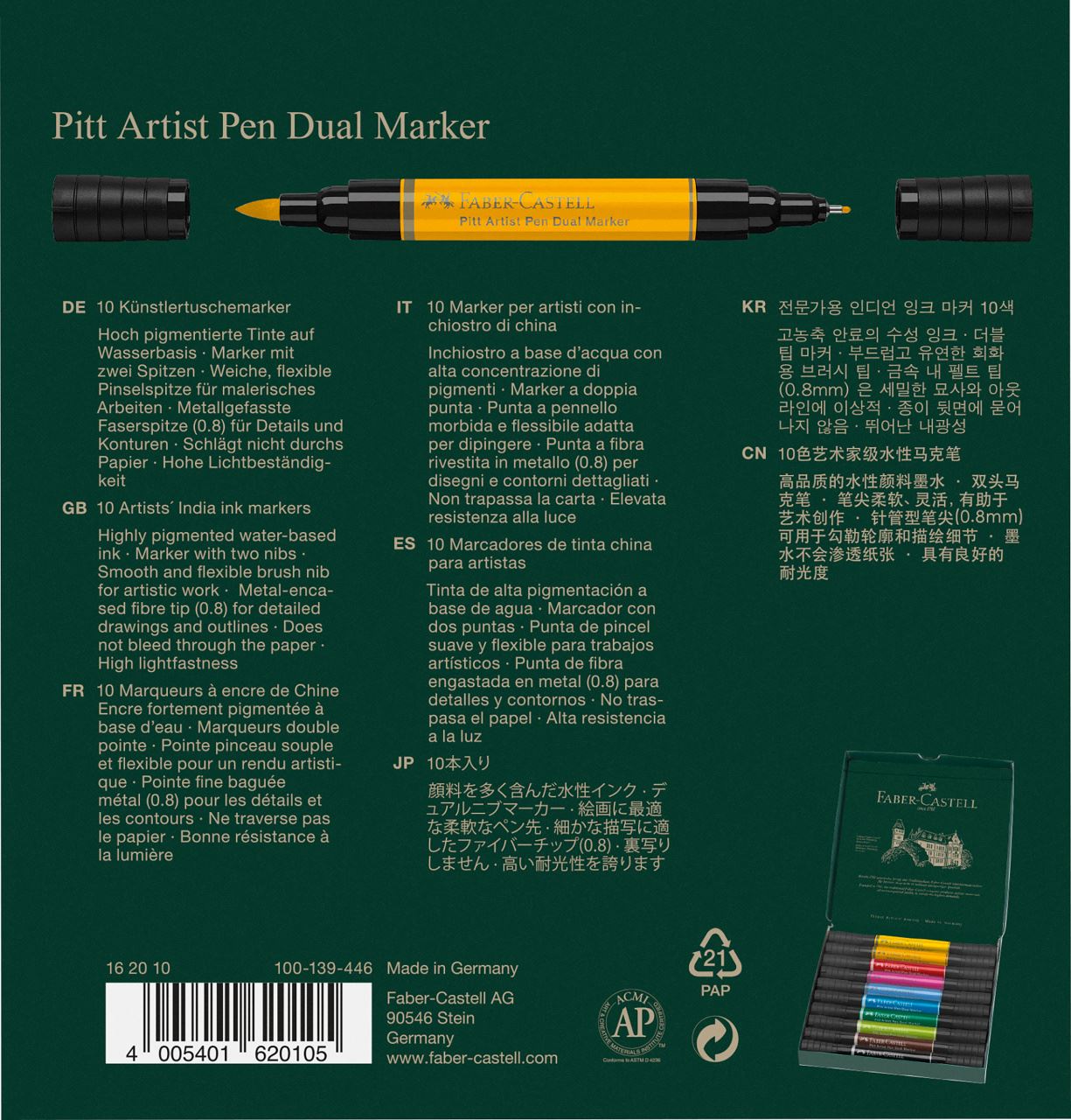Faber-Castell - Pitt Artist Pen Dual Marker, Estuche de cartón c/10