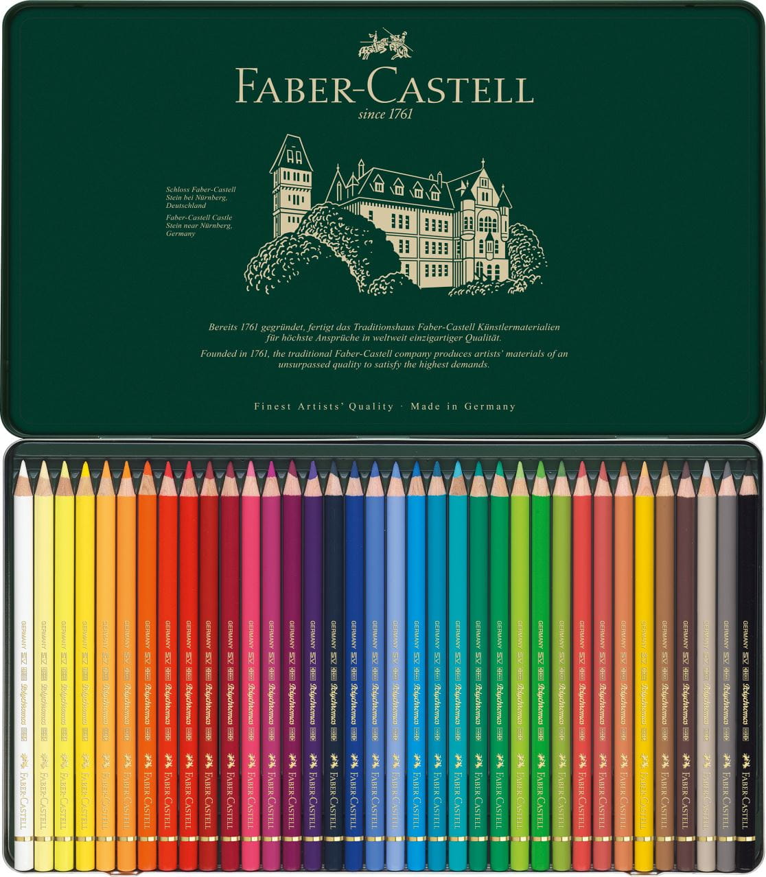 Estuche de metal con 36 lápices de colores Polychromos para artistas edición retro 111 aniversario. Faber-Castell 211003 